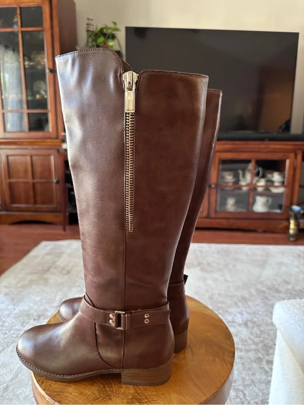 Material Girl Chocolate Brown Over-the-Knee Faux Leather Boots with Side Zip